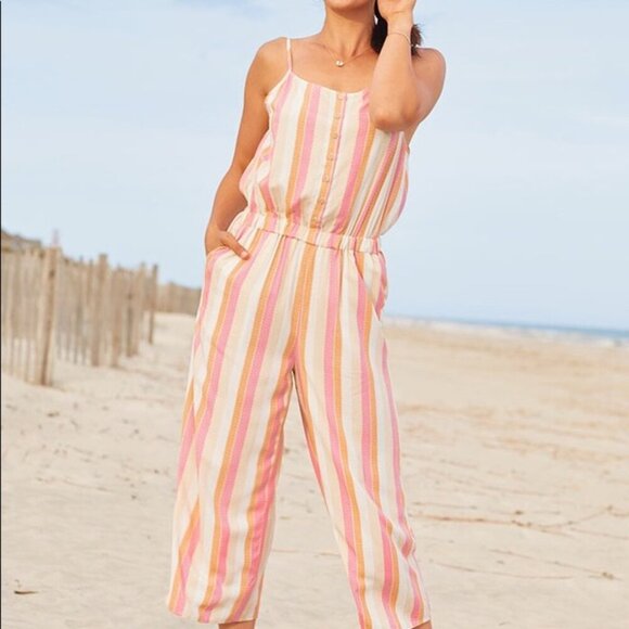 Matilda Jane Pants - Matilda Jane Take A Chance Sleeveless Striped Jumpsuit Wide Leg Cropped Size S